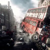 A red double-decker bus crashing into a building on a city street with people caught in the wreckage and documents flying amid a chaotic, smoky scene.