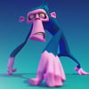 A stylized animated monkey with a pink face and blue body crouches forward with a serious expression against a gradient blue-green background.