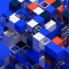 A complex 3D arrangement of interconnected solid and wireframe cubes in blue, white, red, and black set against a solid blue background.