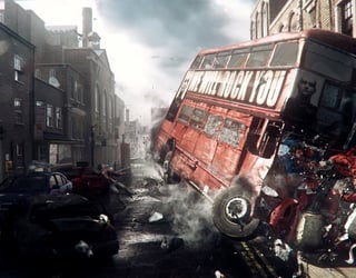 Un bus londonien rouge déraille brutalement dans une rue urbaine sombre, projetant des papiers et heurtant des passants en situation de chaos.