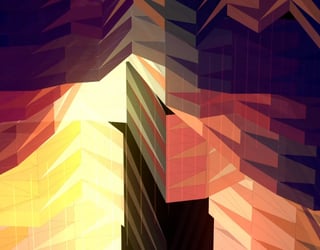 Une composition abstraite en formes géométriques transparentes multicolores superposées, évoquant des bâtiments illuminés la nuit.