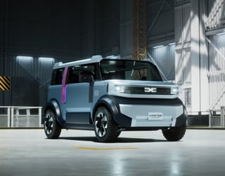 Véhicule électrique concept à quatre roues motrices stationné dans un grand hangar industriel lumineux.
