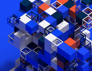 Assemblage complexe de cubes pleins et ajourés en bleu, blanc, rouge et noir sur fond bleu uni.