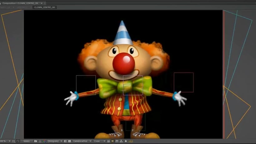 Clown en animation 3D avec un gros nez rouge, cheveux orange bouclés, nœud papillon vert et costume rayé rouge sur fond noir dans un logiciel d'animation.